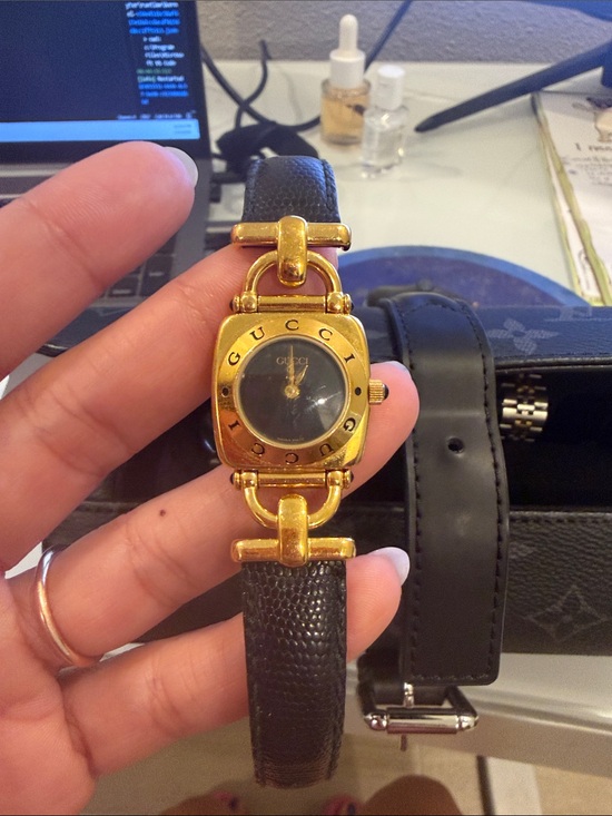 Gucci Accessories - Gucci Gold-Tone Case Black Leather Strap Ladies Watch